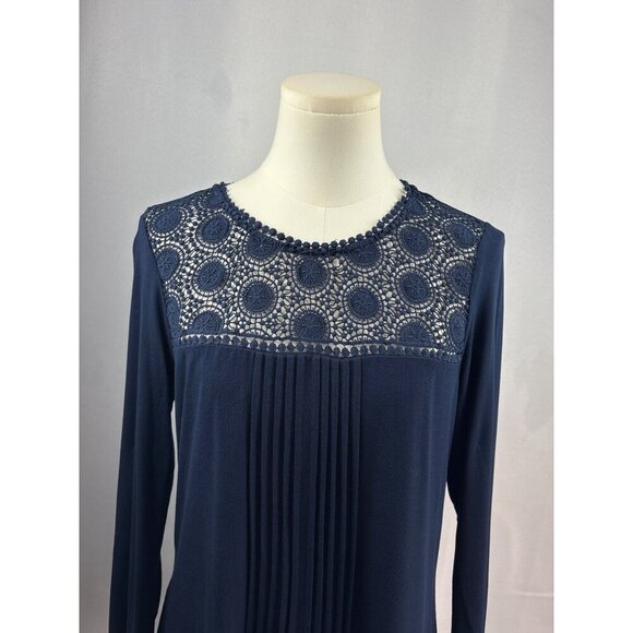 Daniel Rainn Womens Petite Small Navy Blue Lace Yoke Top Blouse - Picture 1 of 6